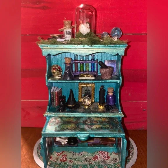 Miniature Teal Curio Cabinet with Halloween Decor - Picture 4 of 4